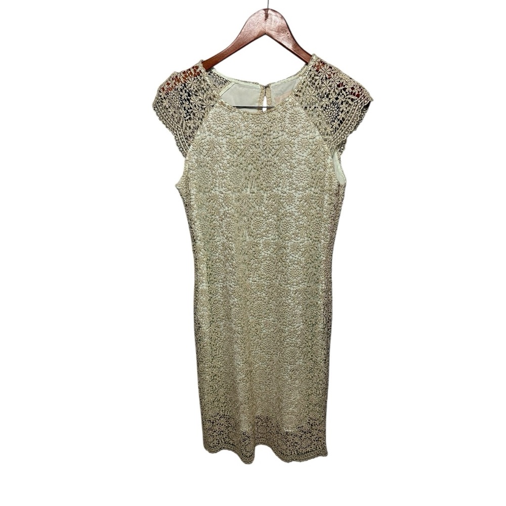 Beige Lace Embellished Cocktail Sheath Midi Dress 12 - Picture 2 of 10